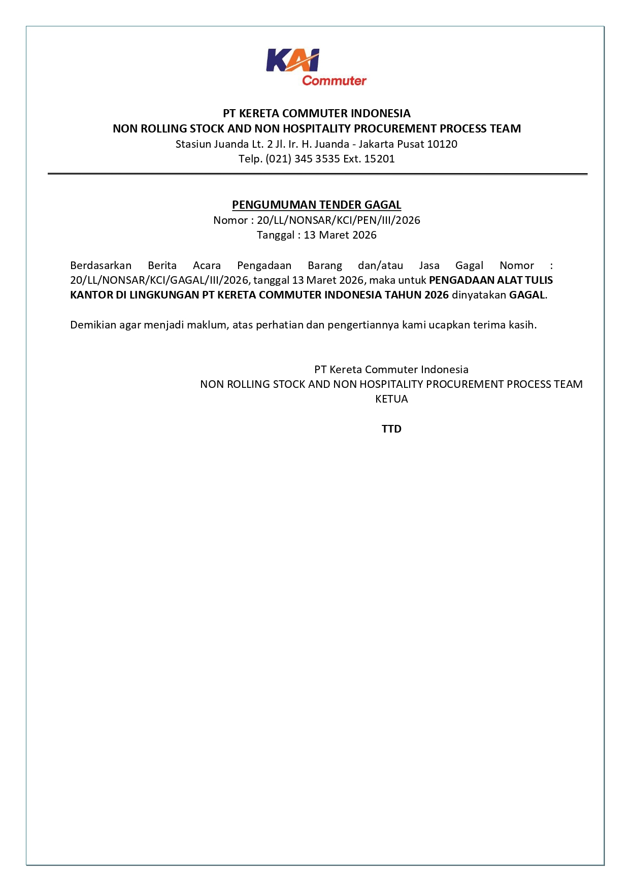 6 pengumuman tender gagal 20 pengadaan alat tulis kantor tahun 2026 page 0001